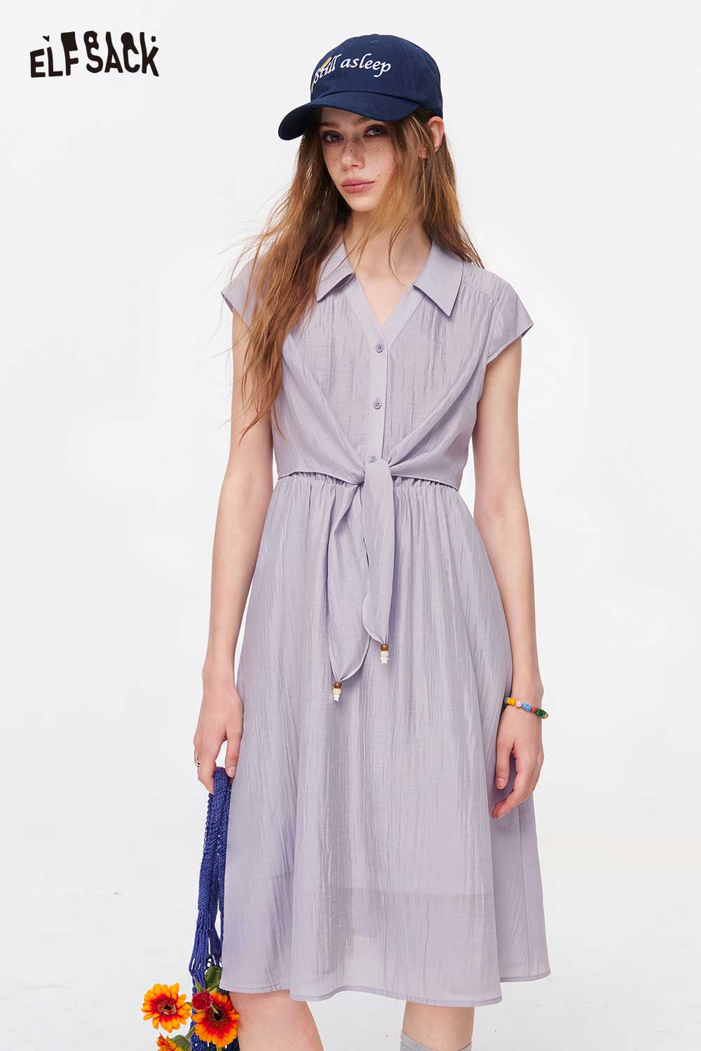 ELFSACK Tie Waist Button Down Maxi Shirt Dress