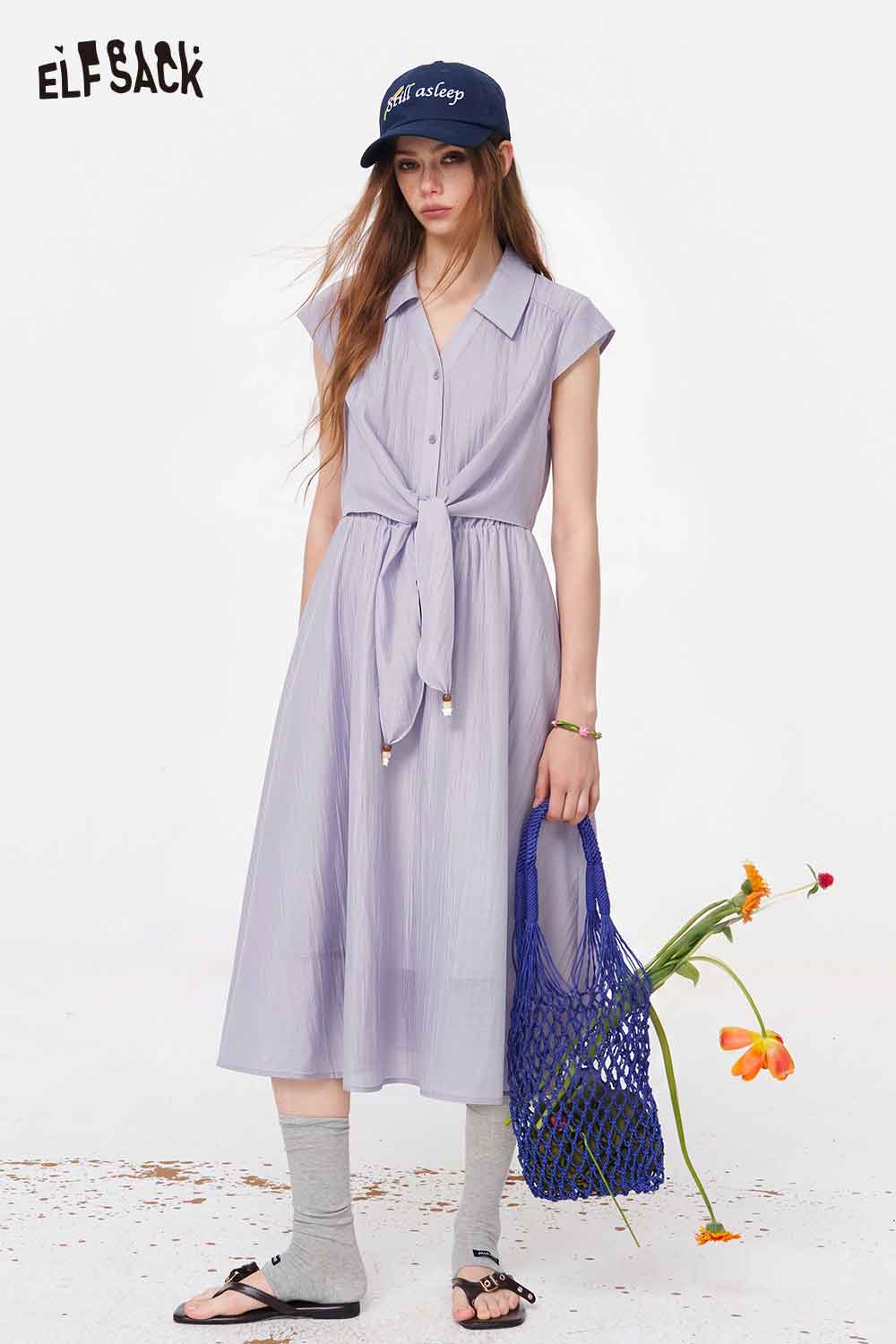 ELFSACK Tie Waist Button Down Maxi Shirt Dress