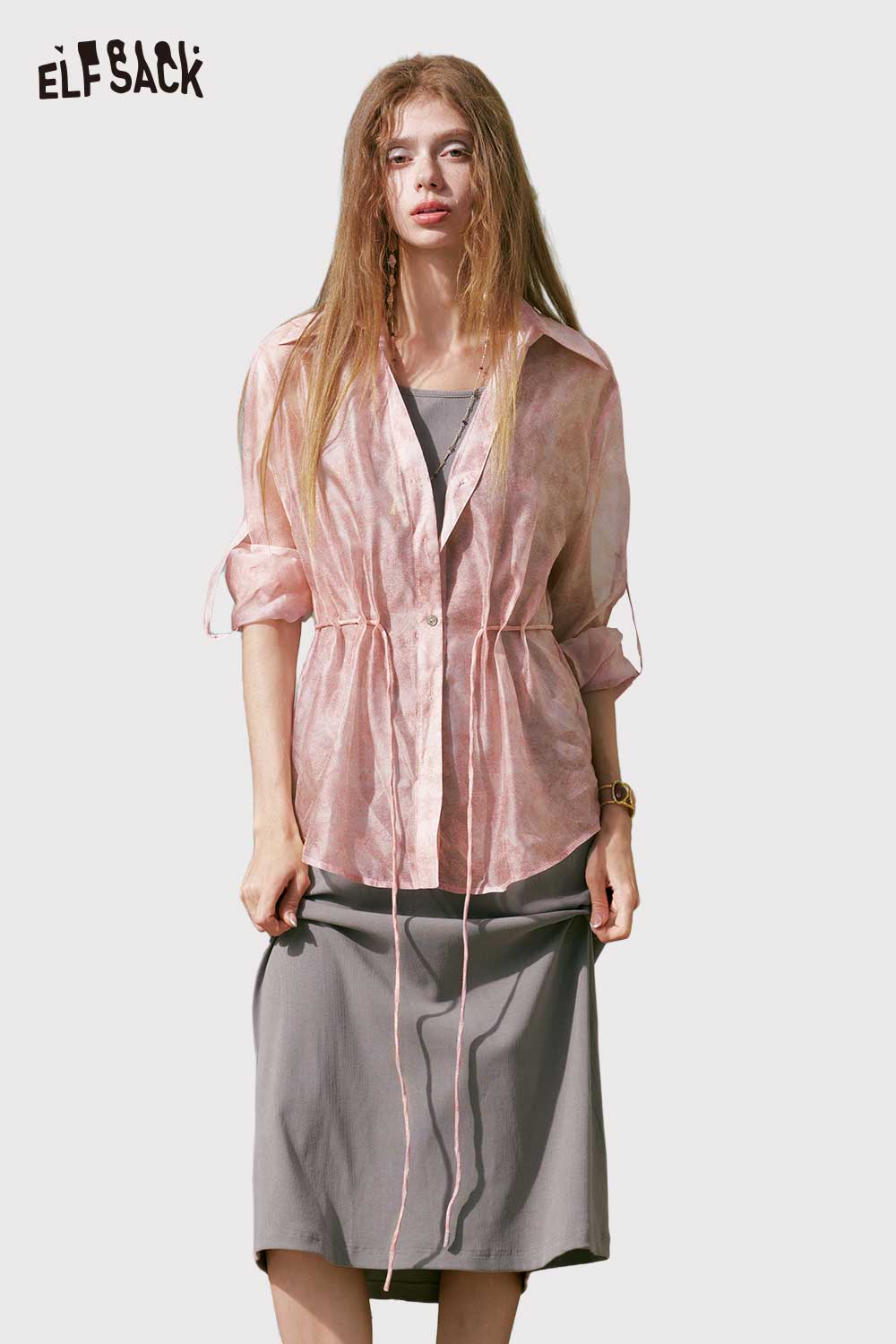 ELFSACK Tie Waist Sheer Shirt Maxi Skirt Set