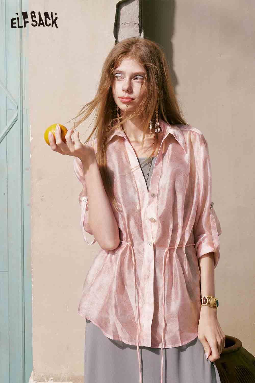 ELFSACK Tie Waist Sheer Shirt Maxi Skirt Set