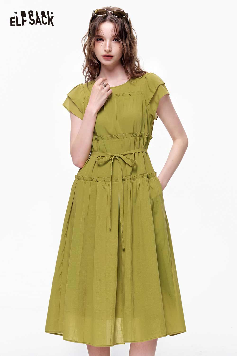 ELFSACK Tiered Ruffle Belted Short Sleeve Maxi Dress