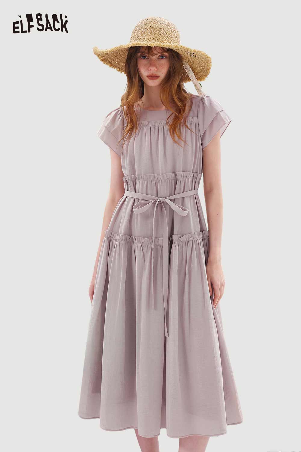 ELFSACK Tiered Ruffle Belted Short Sleeve Maxi Dress