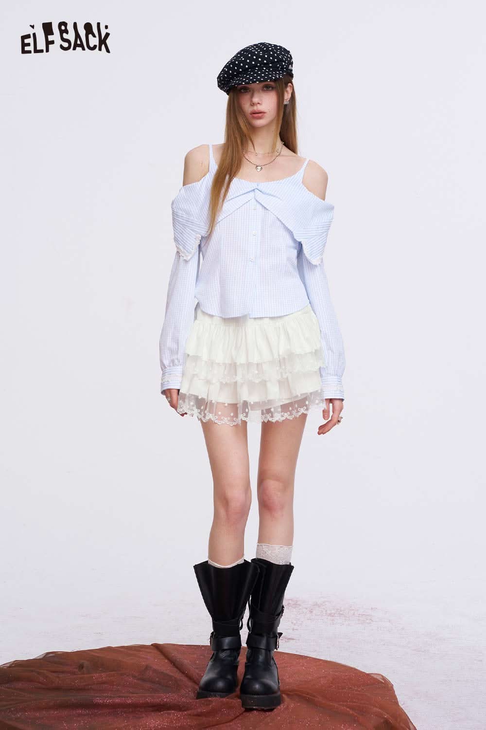 ELFSACK Tiered Ruffle Lace Trim Mini Skirt