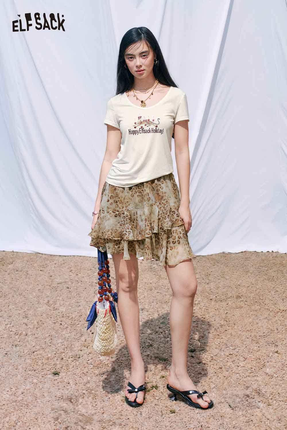 ELFSACK Tiered Ruffle Shimmery Leopard Mini Skirt