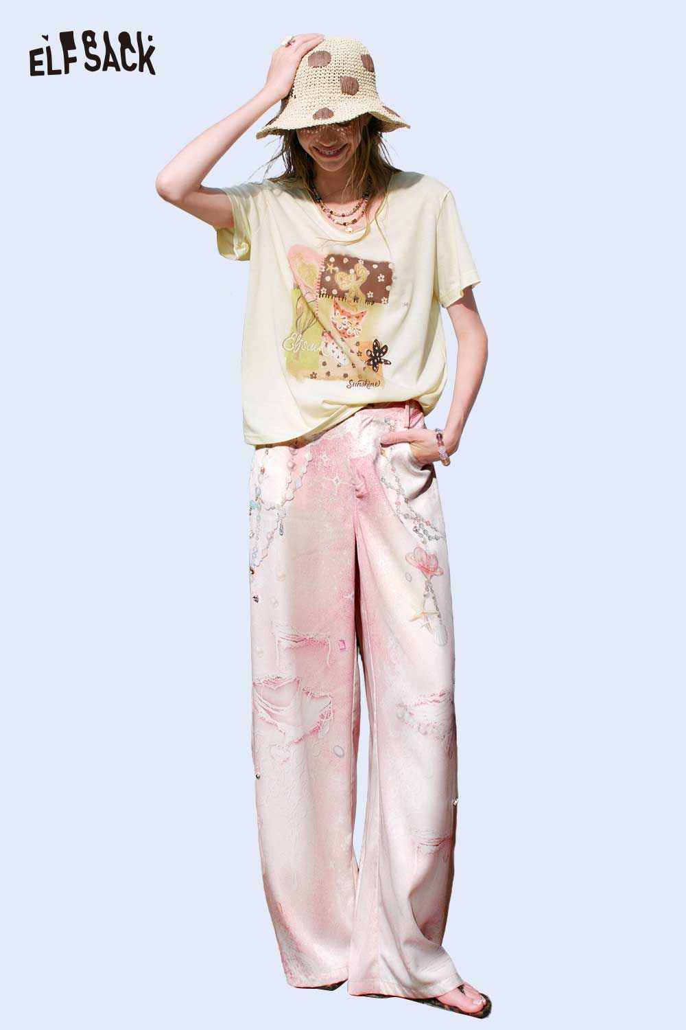 ELFSACK Trompe L'oeil Denim Print Lace Chain Pants