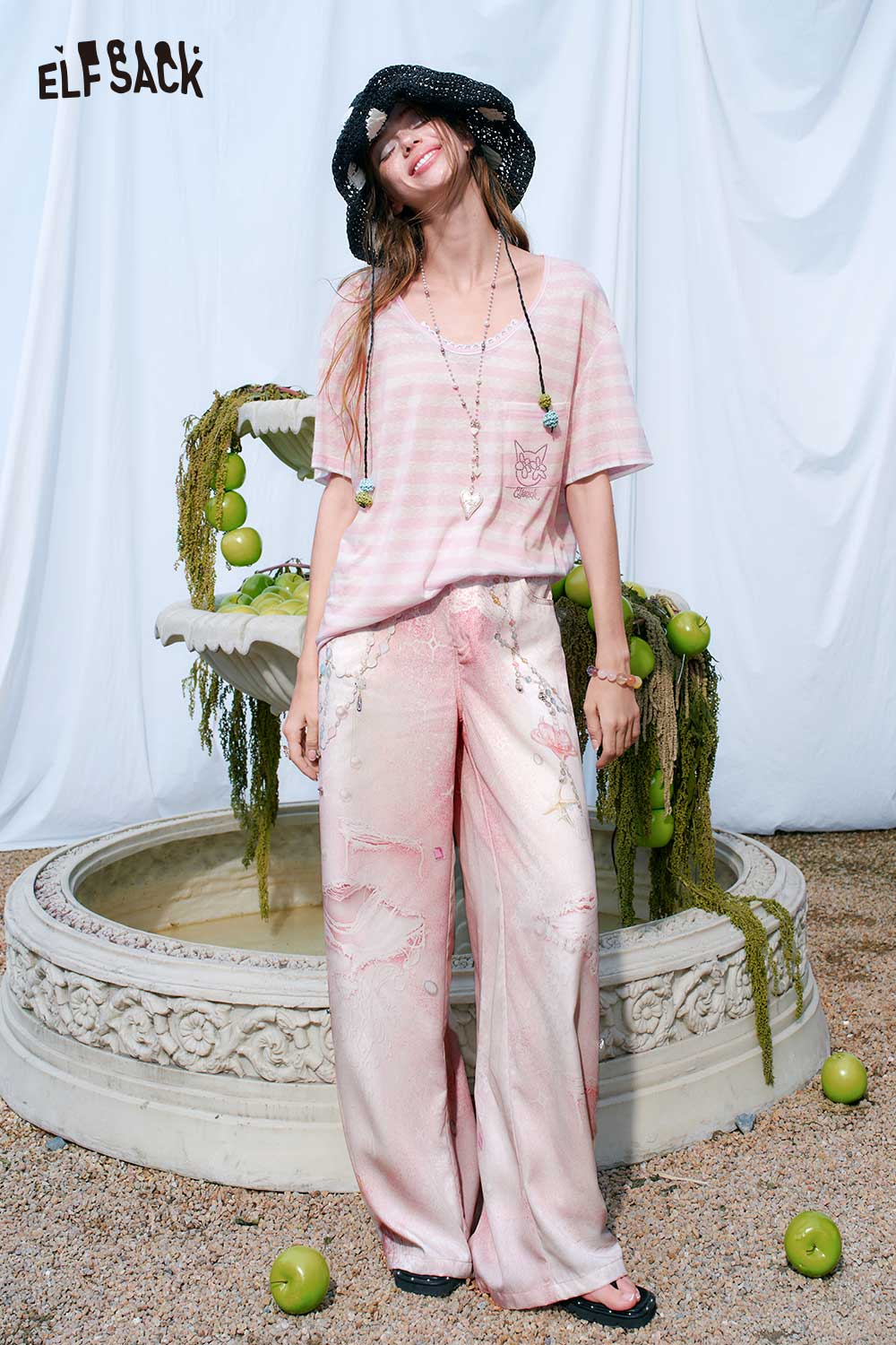 ELFSACK Trompe L'oeil Denim Print Lace Chain Pants
