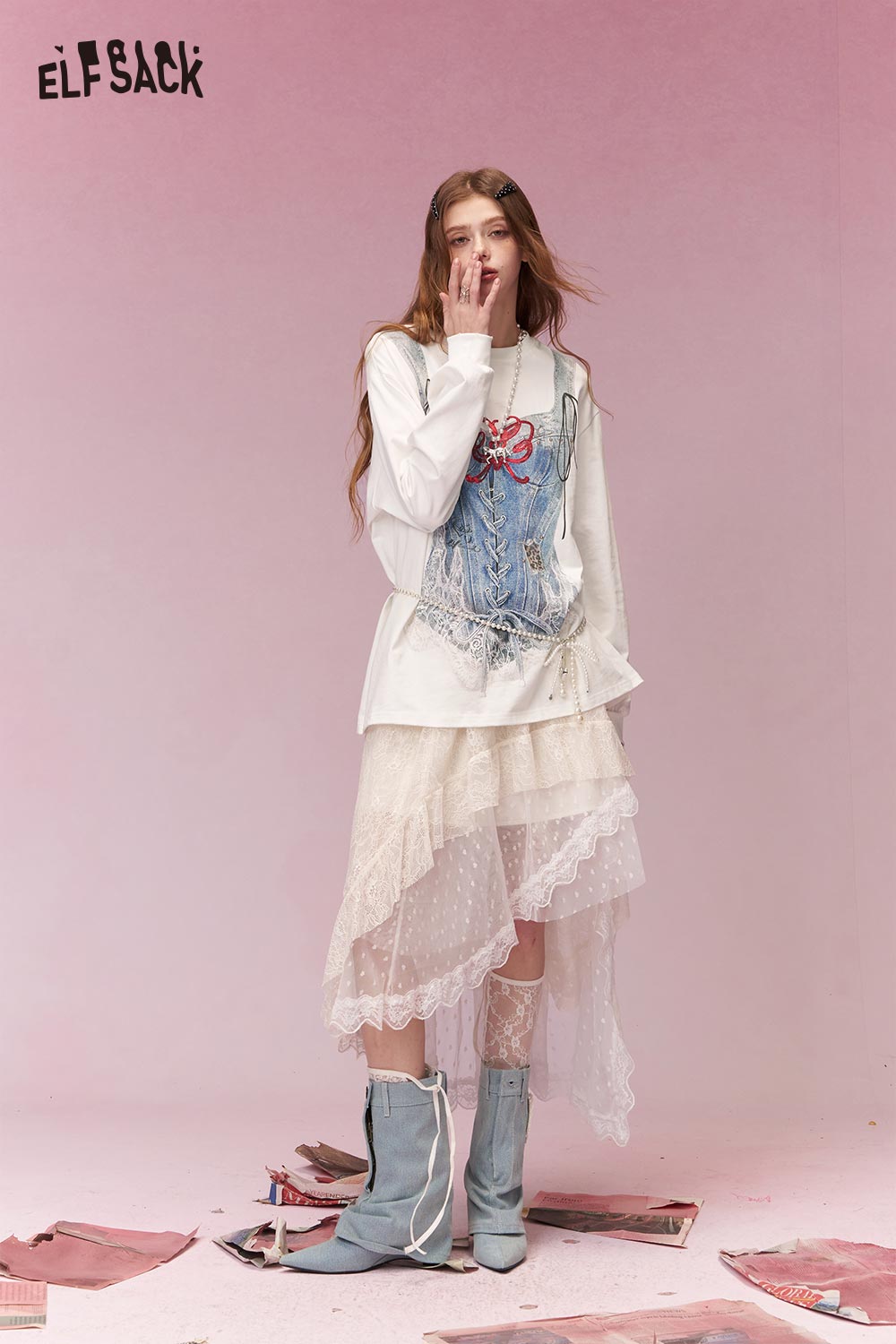 ELFSACK Trompe Loeil Printed Long Sleeve TShirt