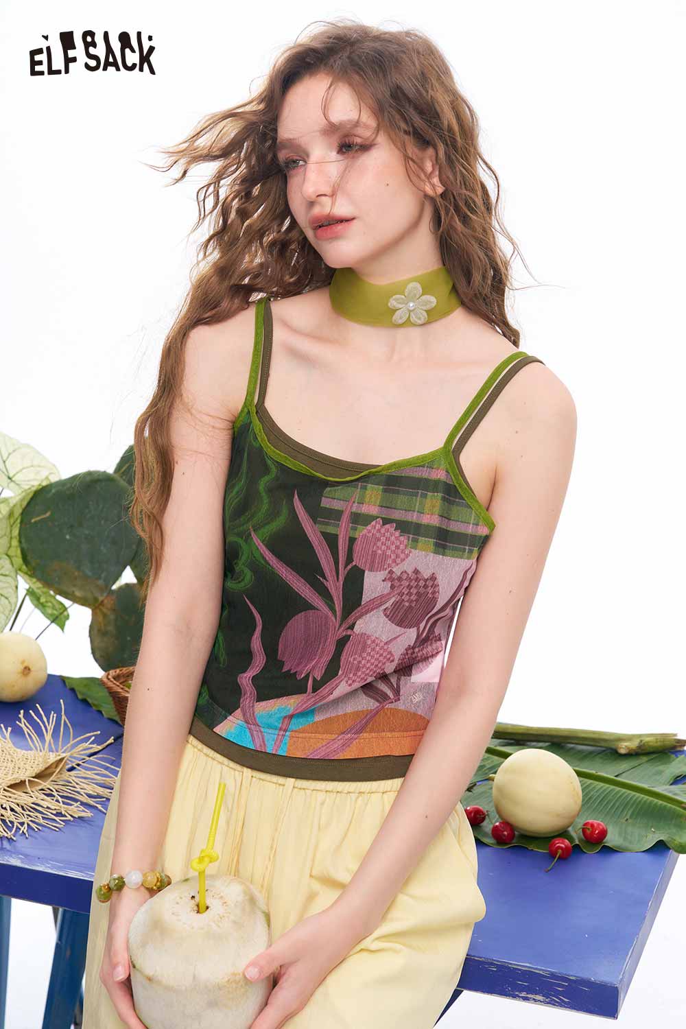 ELFSACK Tropical Print Contrast Trim Cami