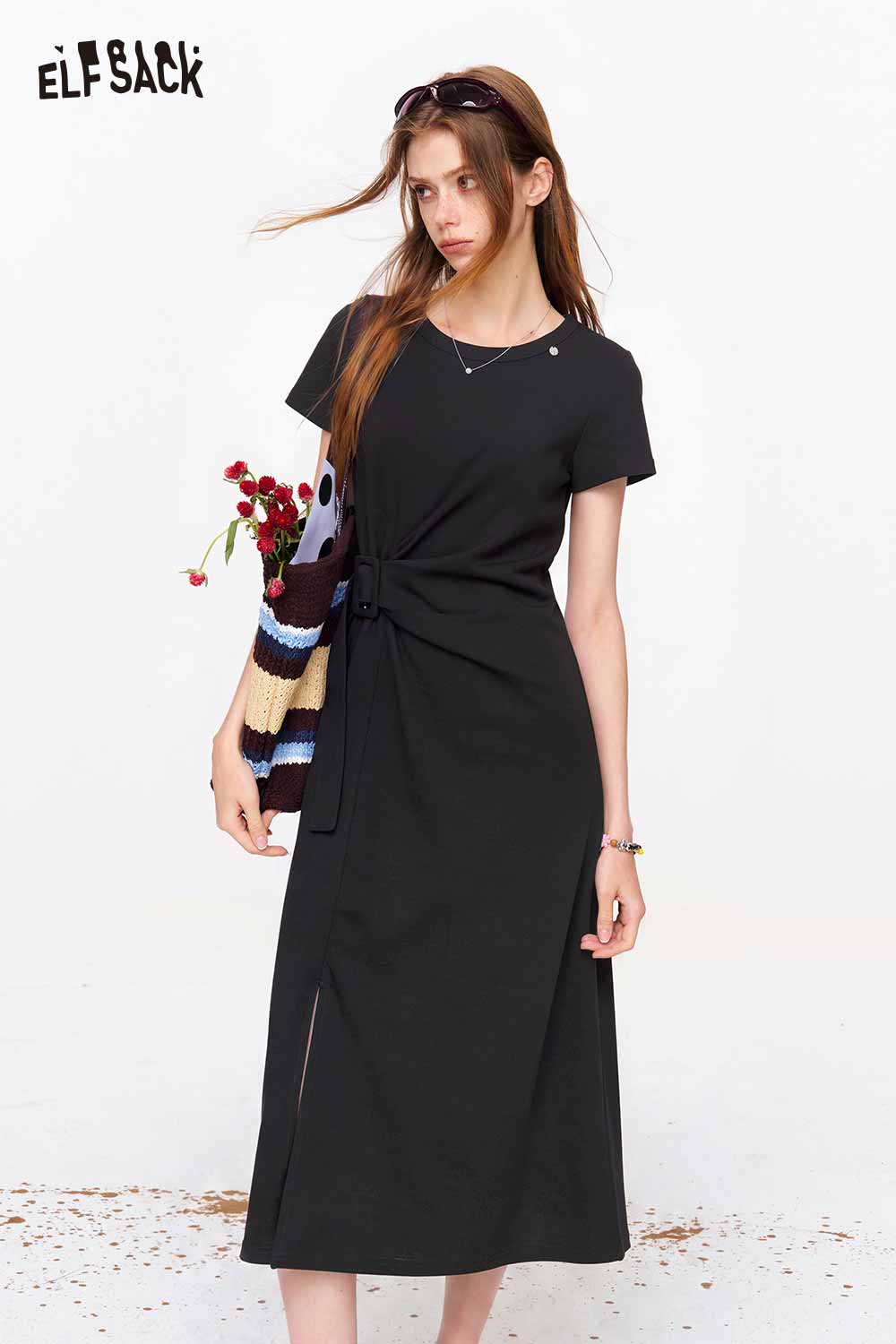 ELFSACK Twist Waist Split Hem Knit Midi Dress