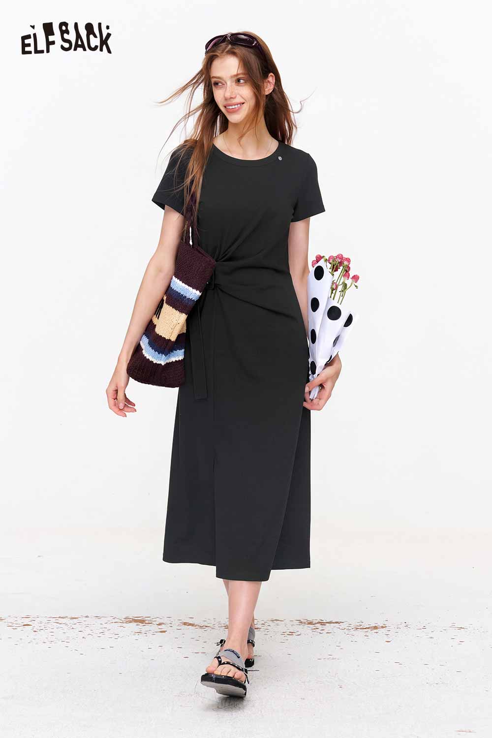 ELFSACK Twist Waist Split Hem Knit Midi Dress