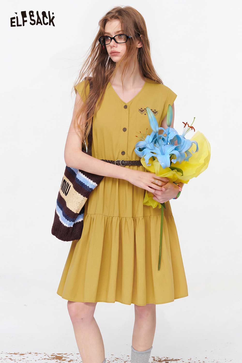 ELFSACK V-Neck Belted Tiered Button-Front Dress