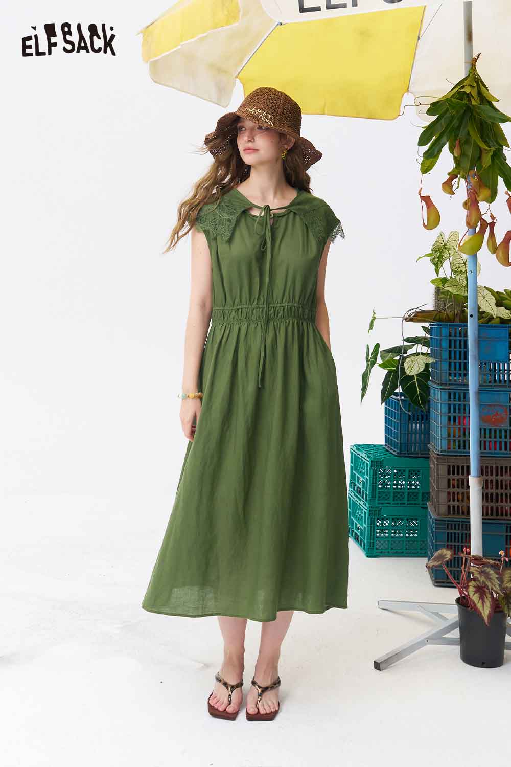 ELFSACK V Neck Eyelet Split Hem Midi Dress