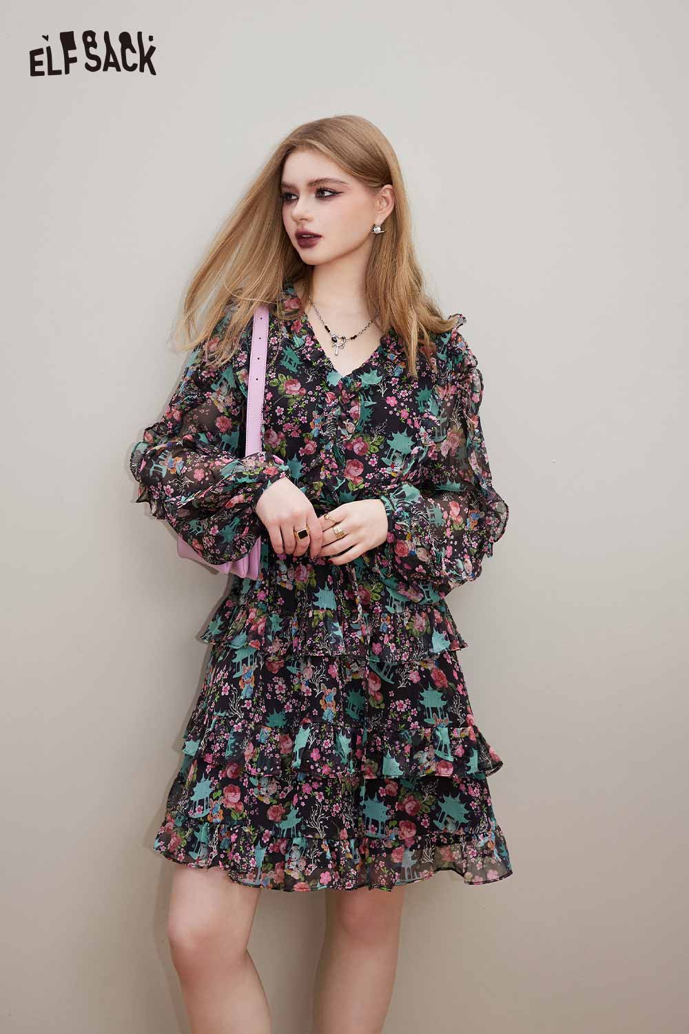 ELFSACK V Neck Floral Long Sleeve Waist Tie Holiday Dress