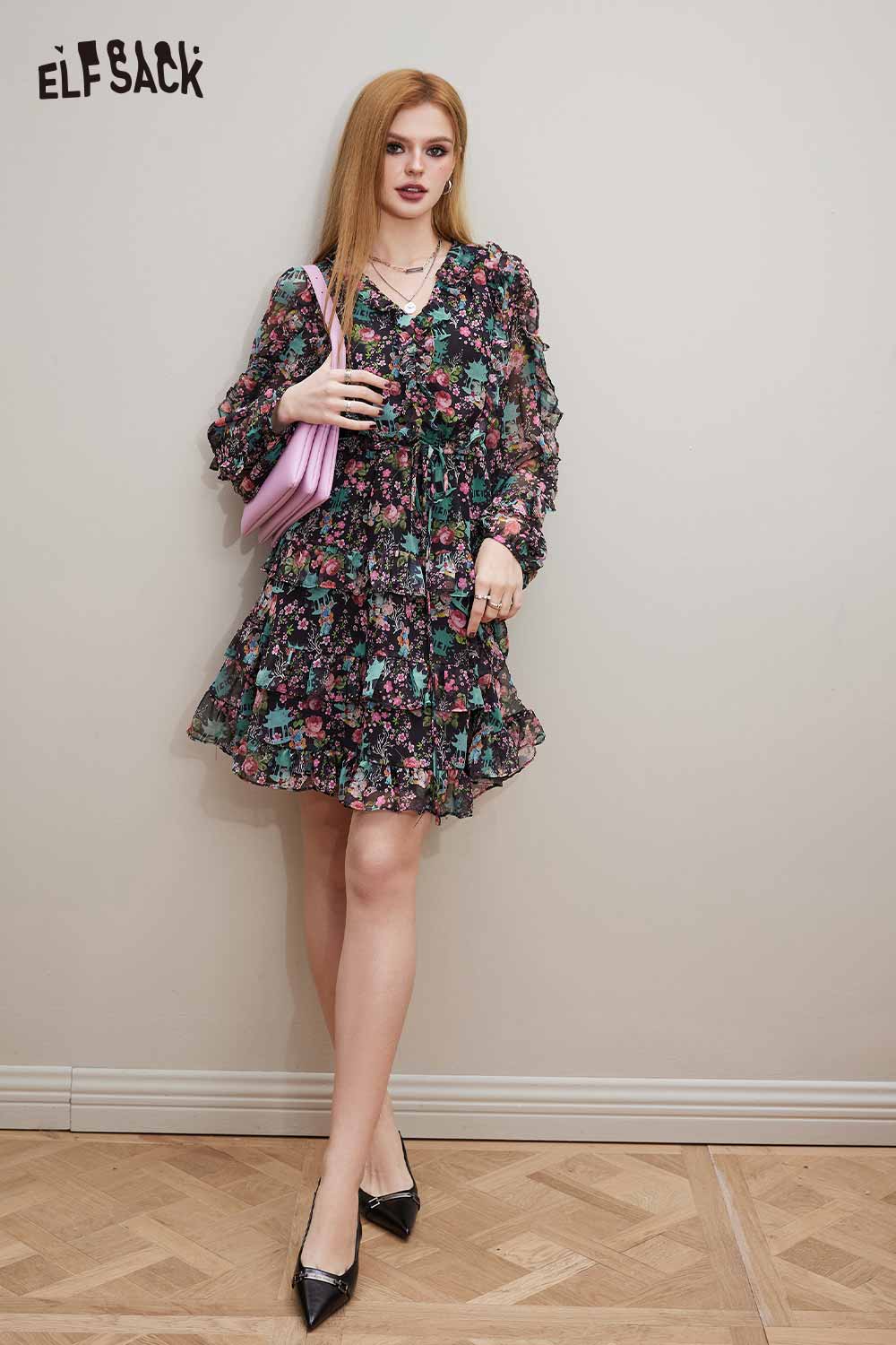 ELFSACK V Neck Floral Long Sleeve Waist Tie Holiday Dress
