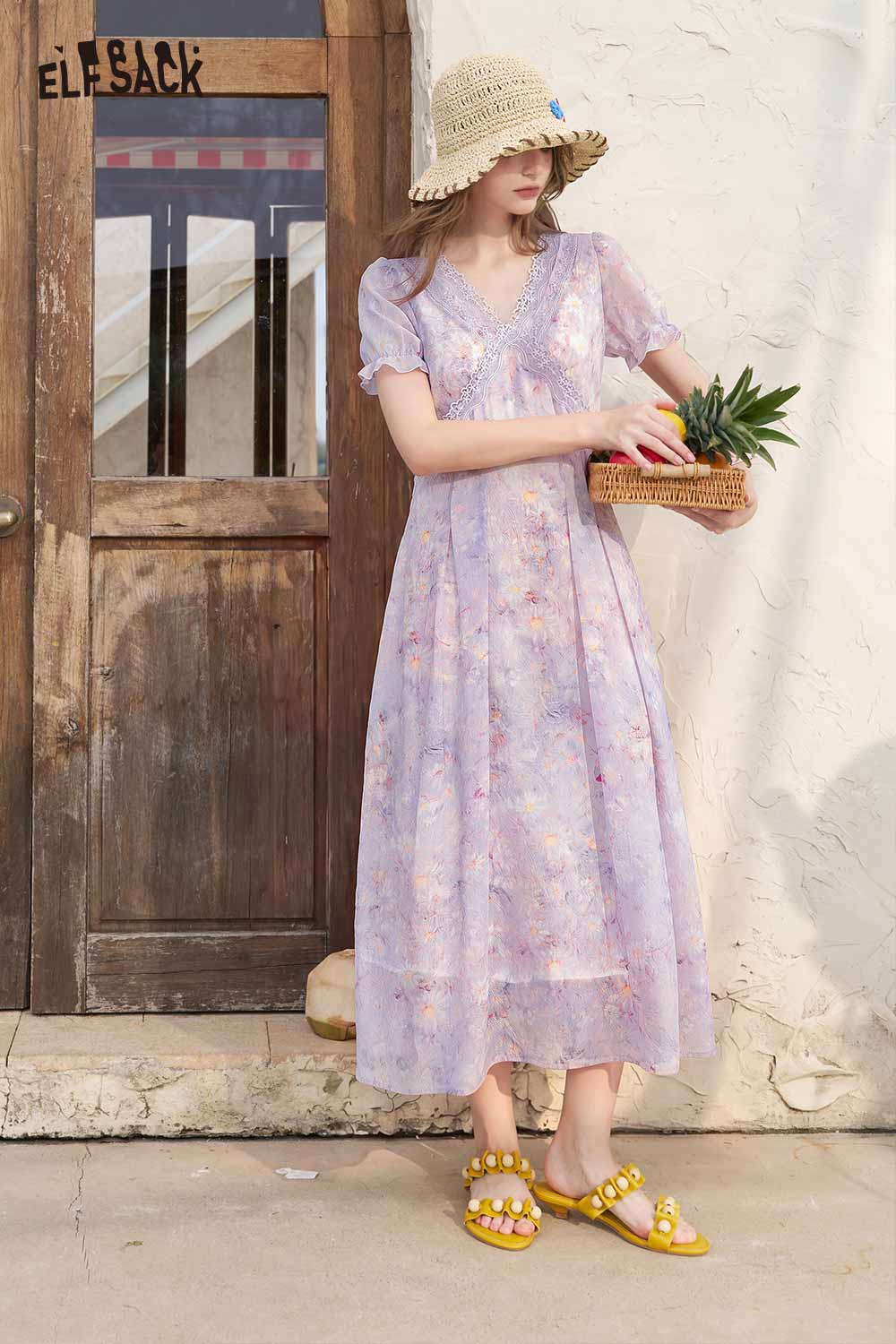 ELFSACK V Neck Floral Ruffle Sleeve Midi Dress