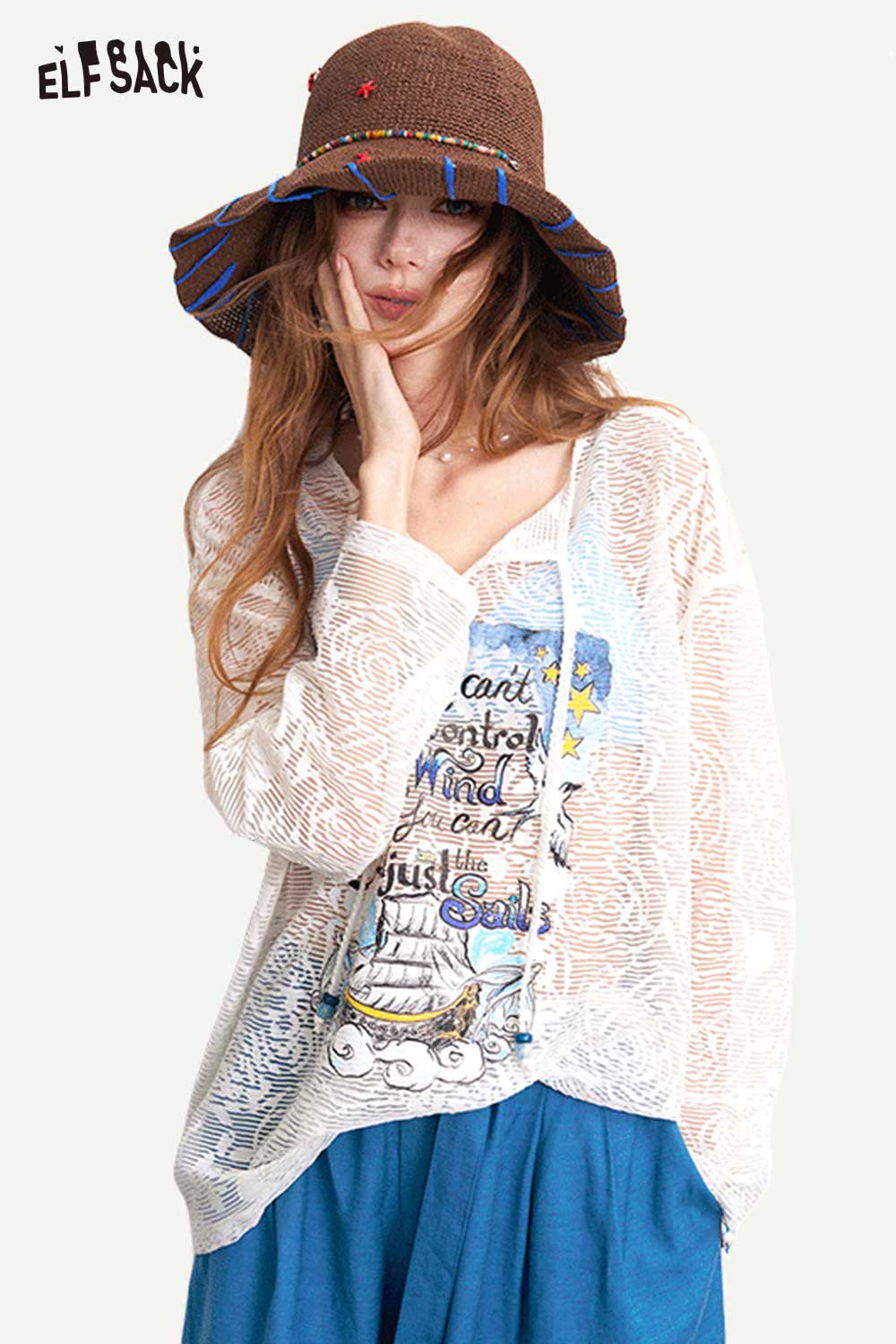 ELFSACK V-Neck Sheer Lace Knit Sailboat Print Top