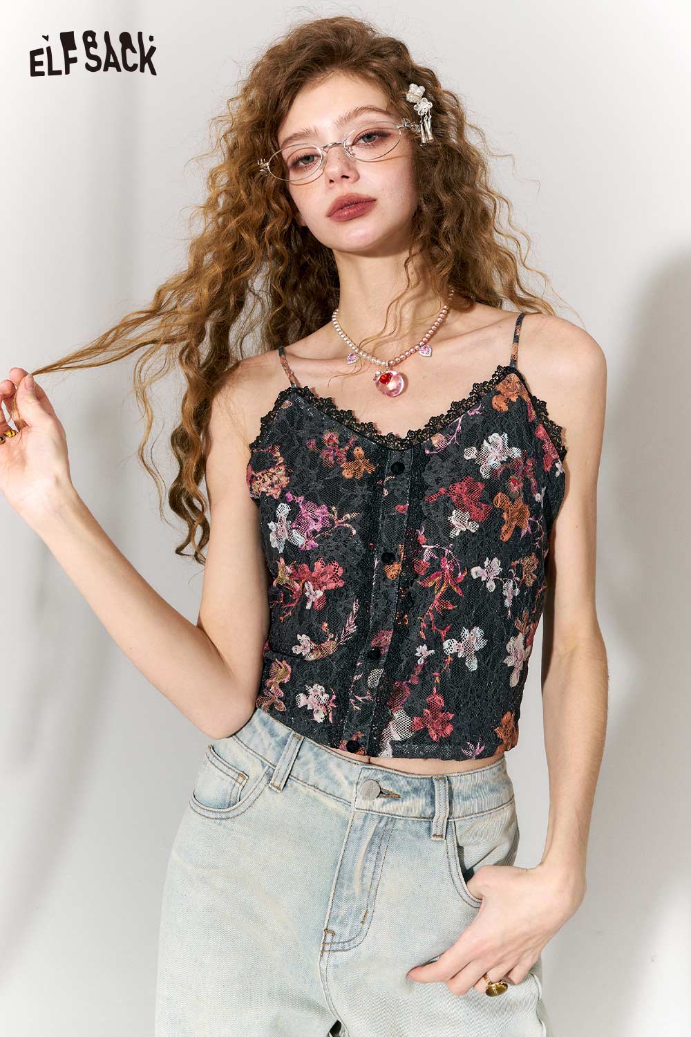 ELFSACK Sweet Velvet Floral Graphic Lace Trim Bustier Slip Top