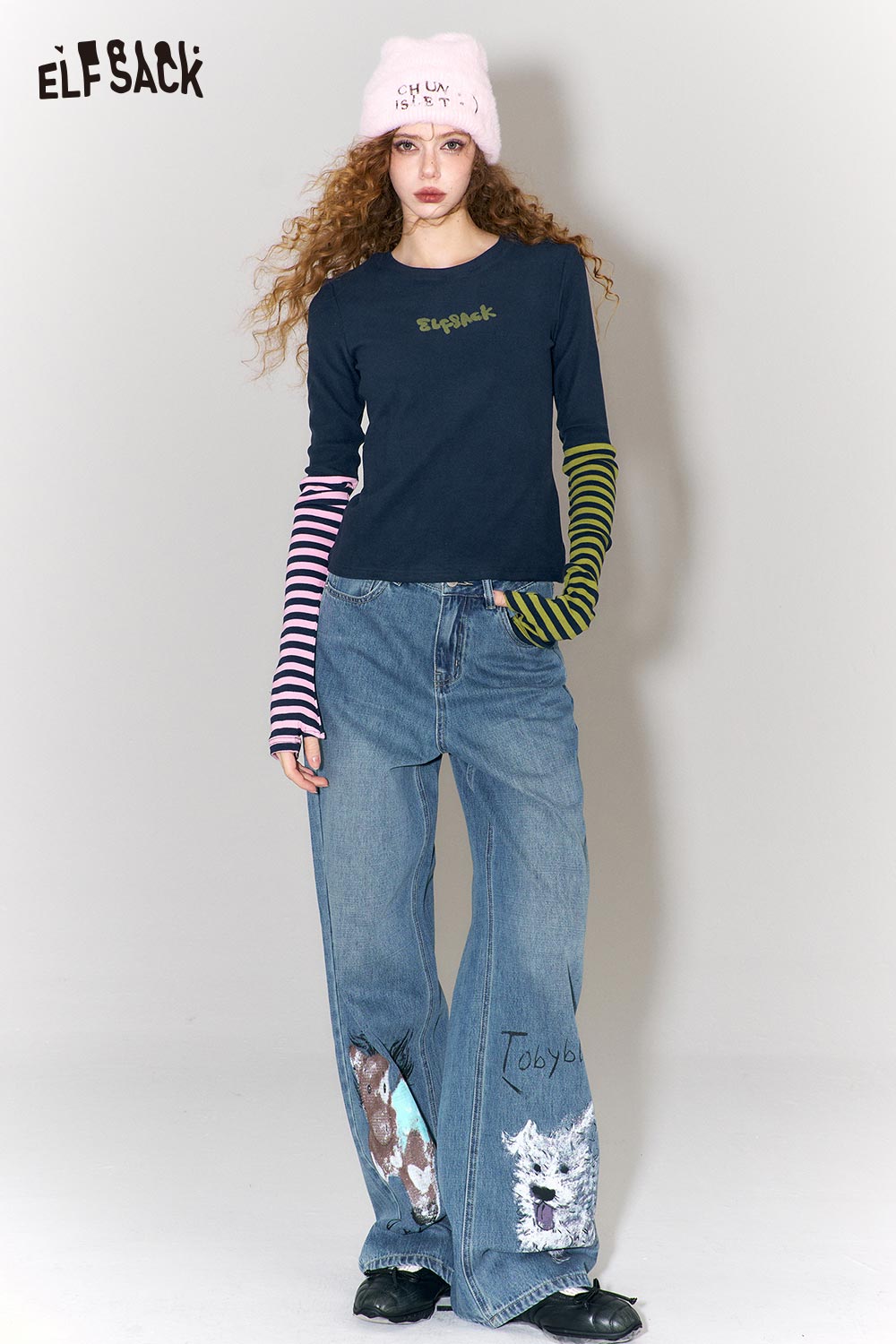 ELFSACK Color-Blocking Asymmetrical Stripe Sleeve Long Sleeve T-Shirt