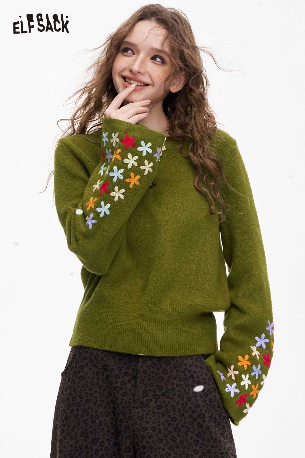 ELFSACK Cropped Flare Sleeve Floral Print Solid Round Neck Hemmed Sweater