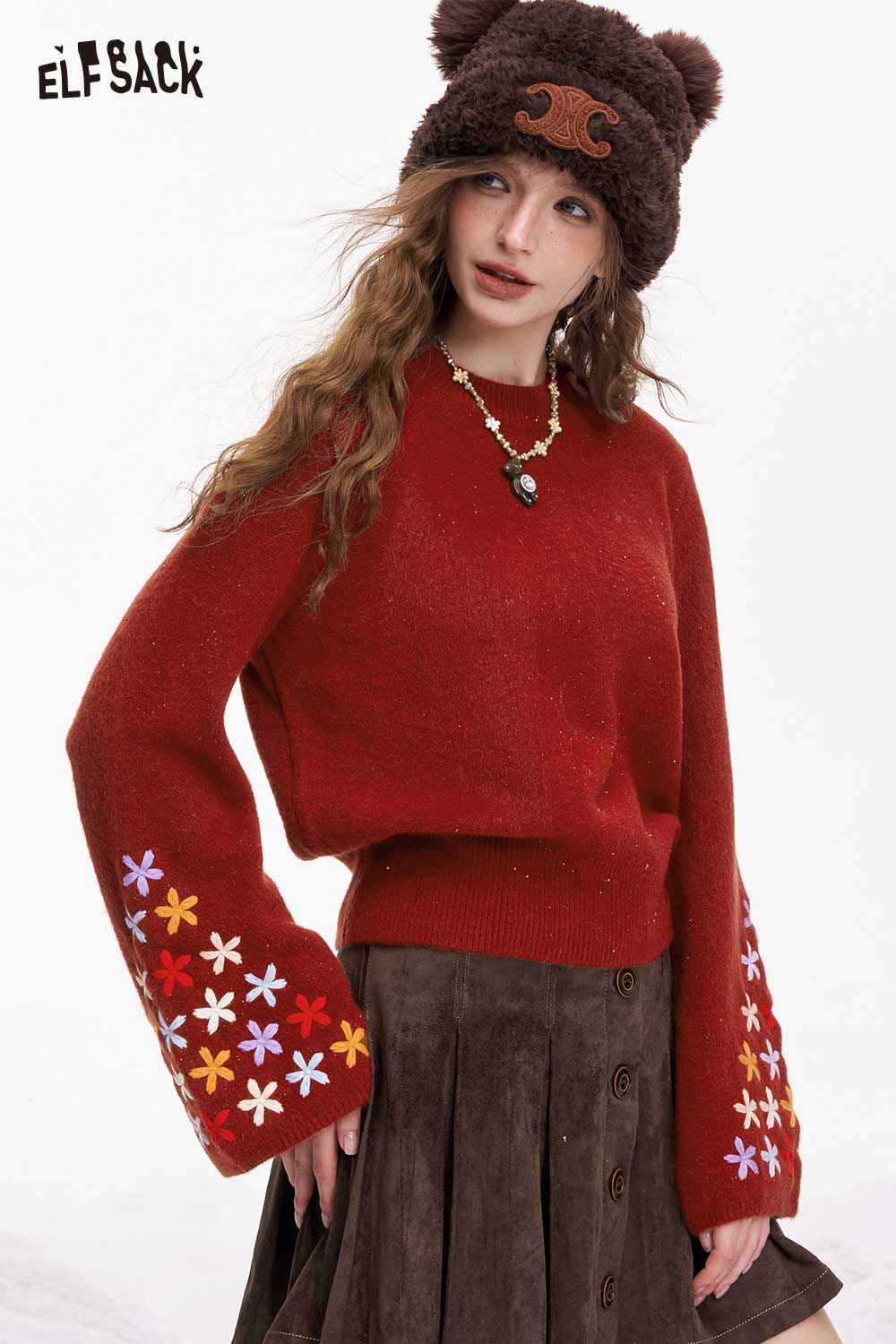 ELFSACK Cropped Flare Sleeve Floral Print Solid Round Neck Hemmed Sweater