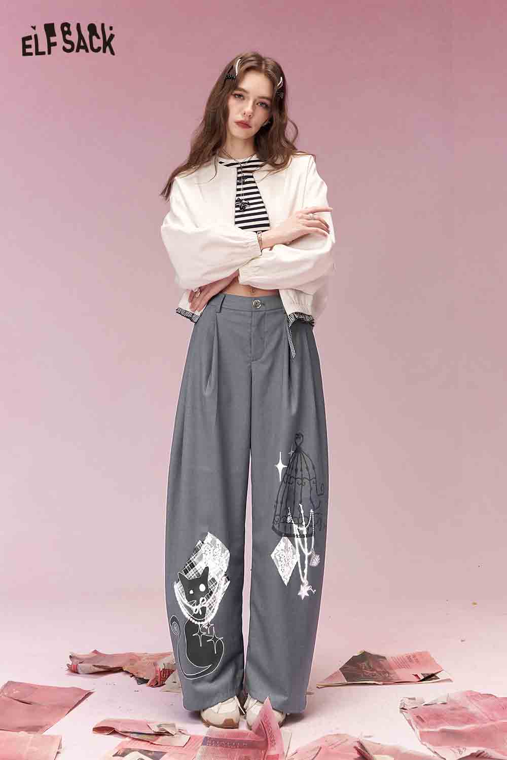 ELFSACK Casual Versatile Graffiti Print Patch Wide Leg Pants