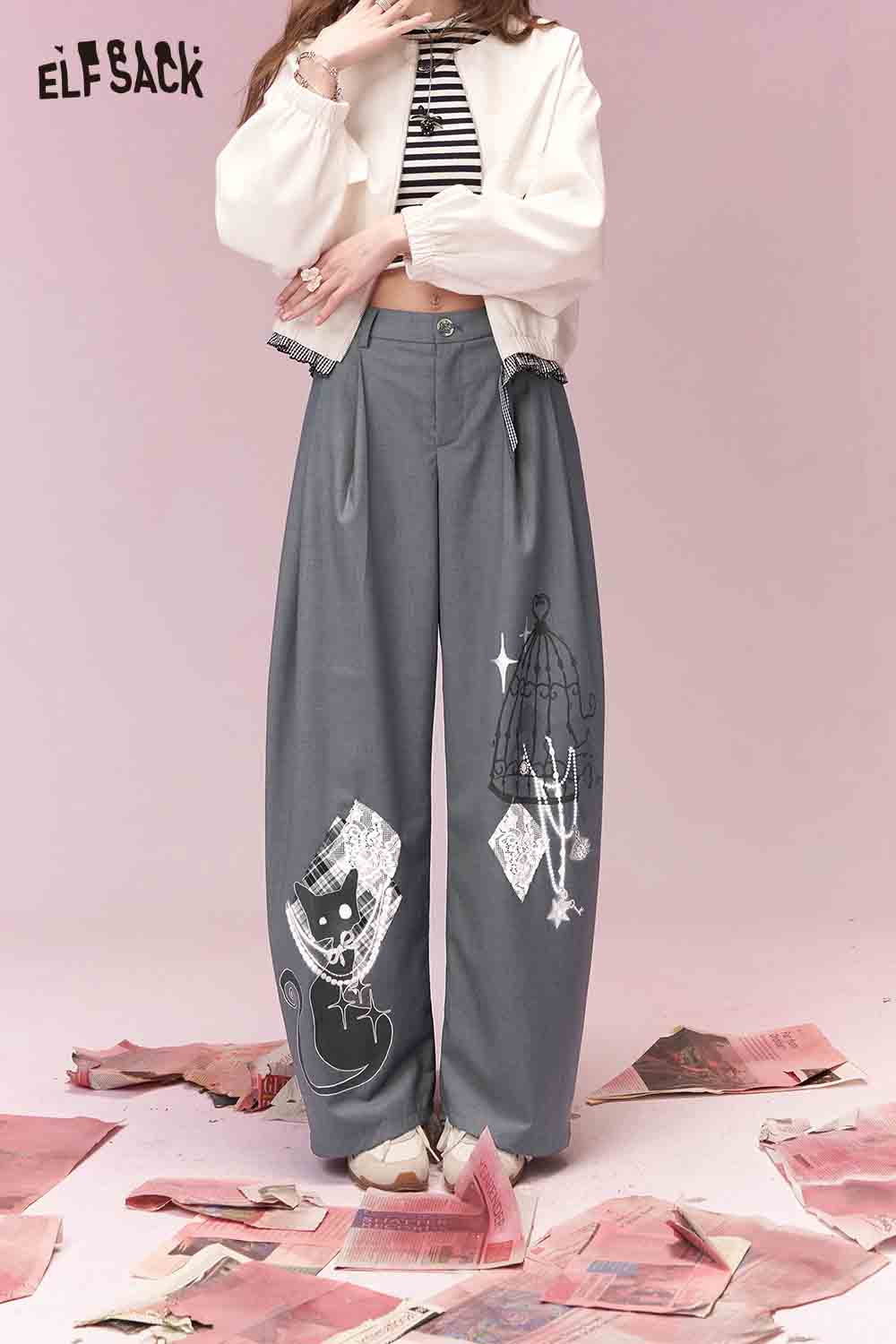 ELFSACK Casual Versatile Graffiti Print Patch Wide Leg Pants