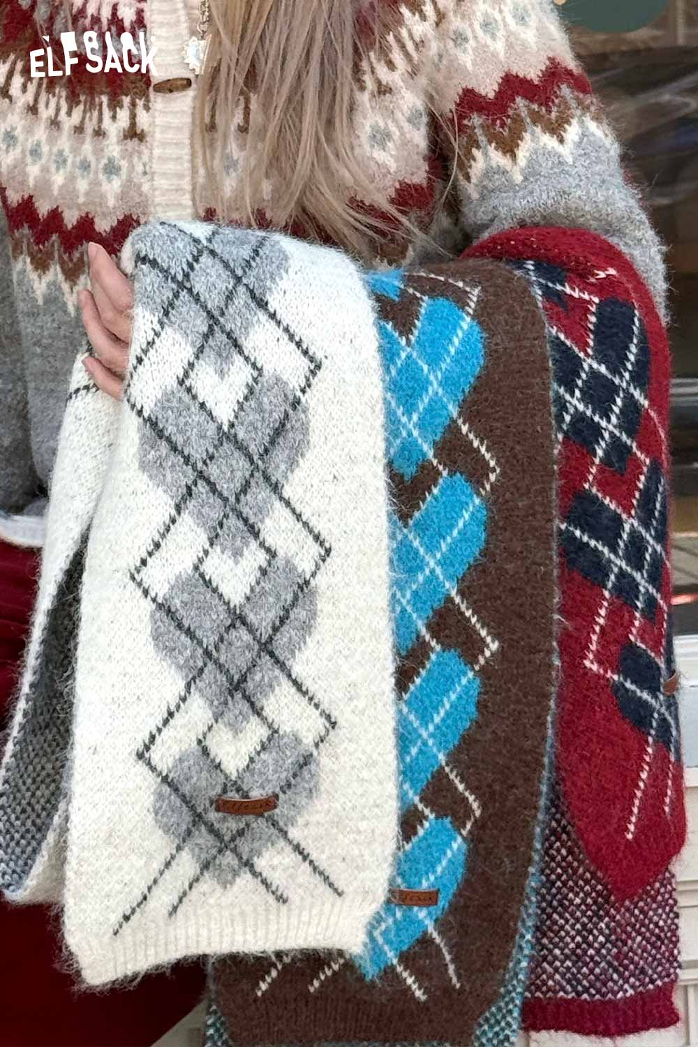 ELFSACK Minimalist Casual Classic Diamond Pattern Scarf
