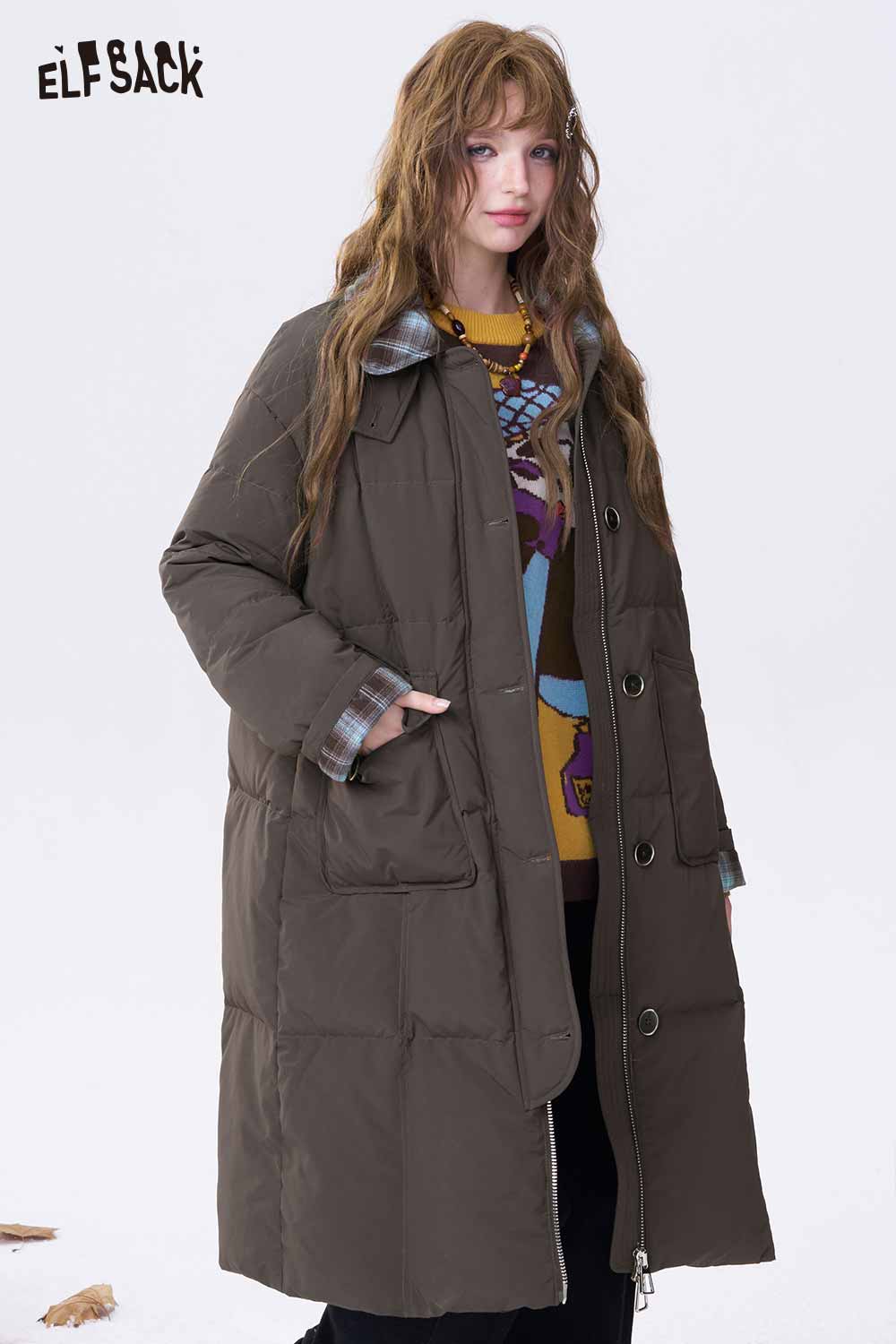 ELFSACK Minimalist Casual Preppy Stripe Lapel Long Down Coat