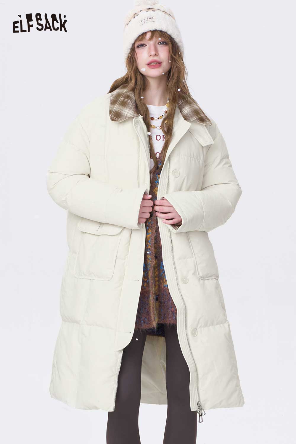 ELFSACK Minimalist Casual Preppy Stripe Lapel Long Down Coat