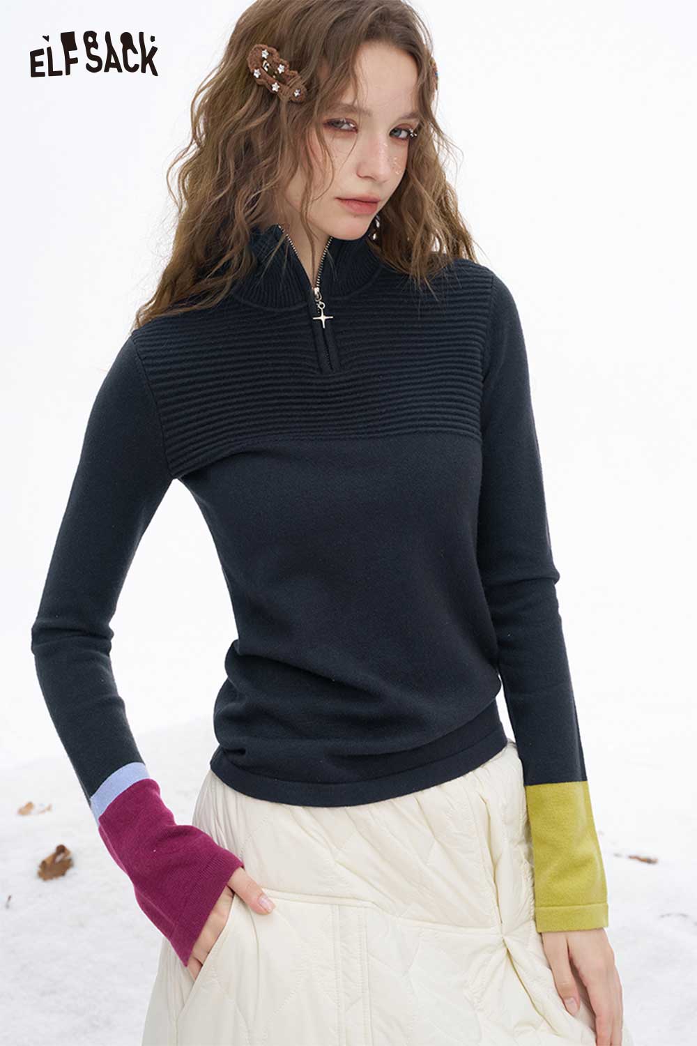 ELFSACK Color-Block Cuff Half-Zip Sweater