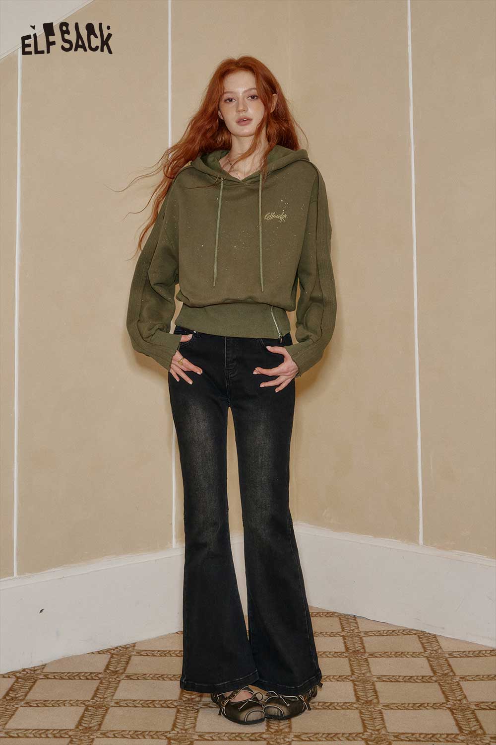 ELFSACK Soft Cropped Hoodie Adjustable Drawcord Sparkle Finish