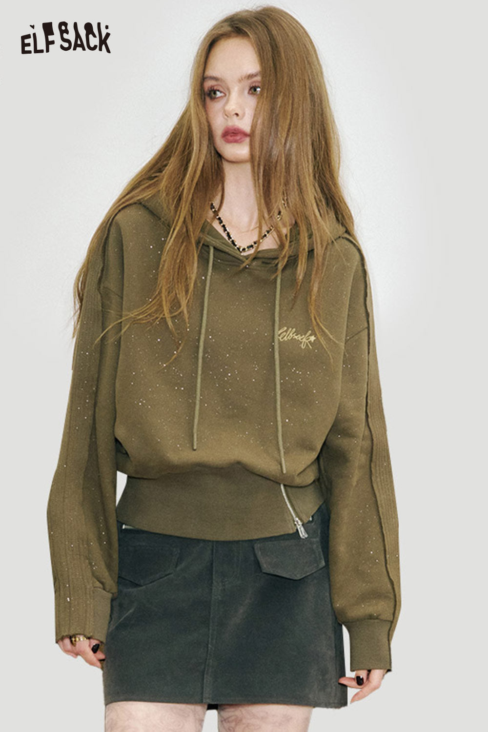 ELFSACK Soft Cropped Hoodie Adjustable Drawcord Sparkle Finish