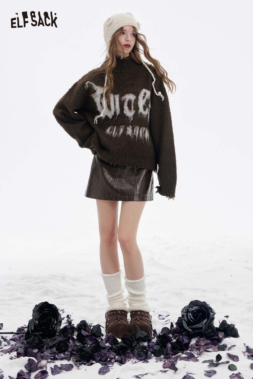ELFSACK Soft Shiny Leather Solid A Line Short Skirt