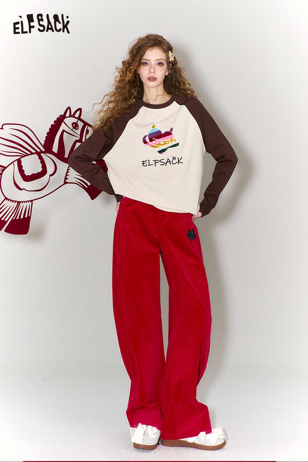 ELFSACK Vintage Heart Embroidery Wide Leg Pants