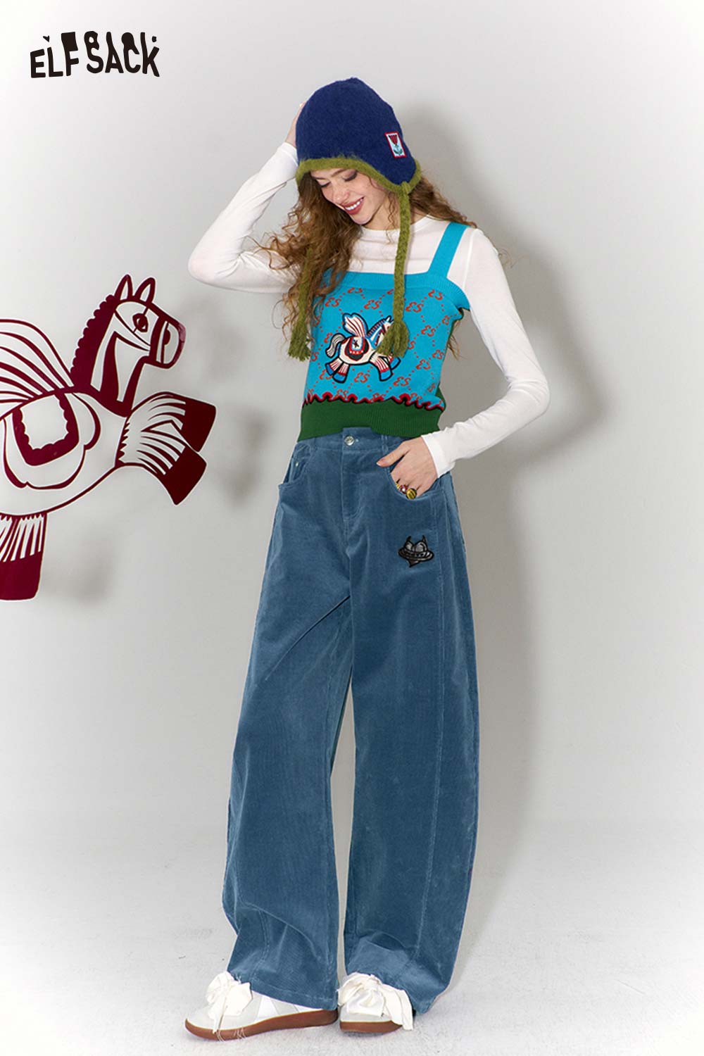 ELFSACK Vintage Heart Embroidery Wide Leg Pants