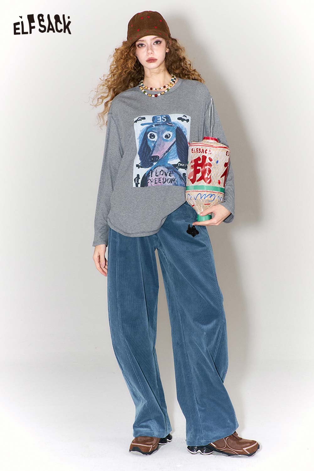 ELFSACK Vintage Heart Embroidery Wide Leg Pants