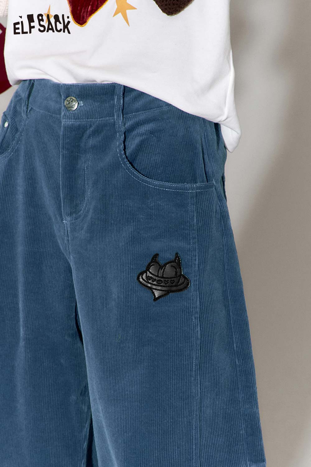 ELFSACK Vintage Heart Embroidery Wide Leg Pants