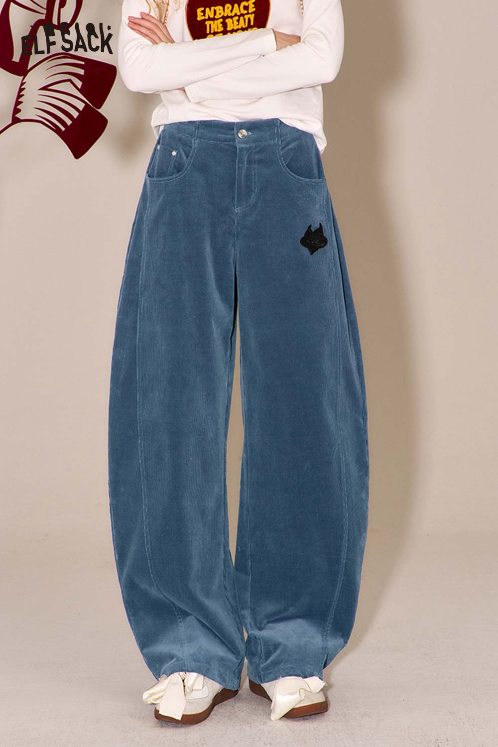 ELFSACK Vintage Heart Embroidery Wide Leg Pants
