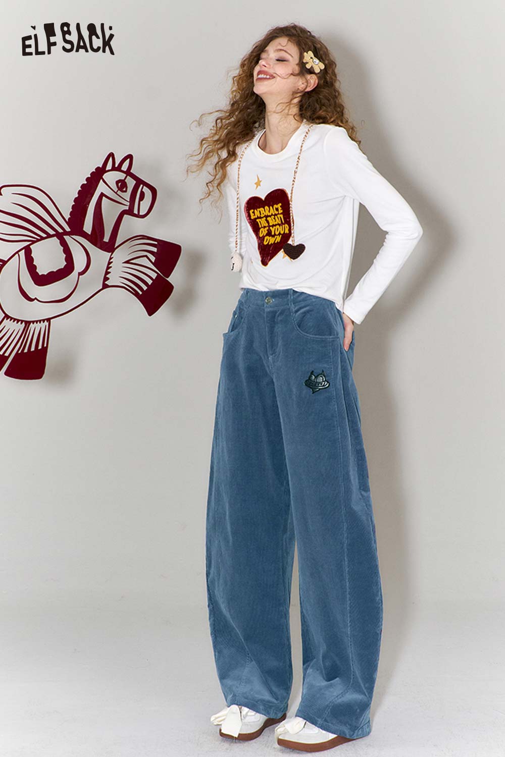 ELFSACK Vintage Heart Embroidery Wide Leg Pants