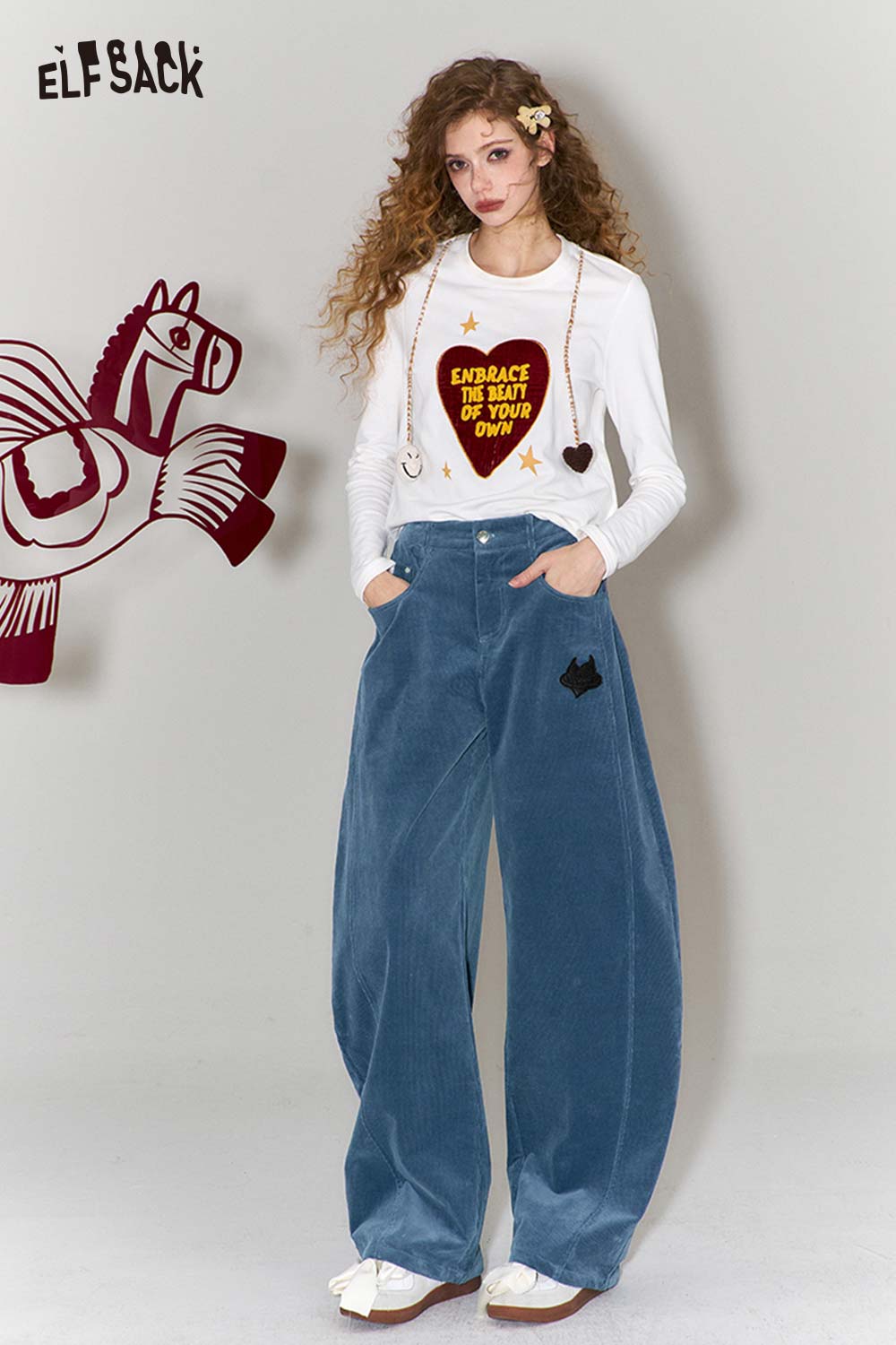 ELFSACK Vintage Heart Embroidery Wide Leg Pants