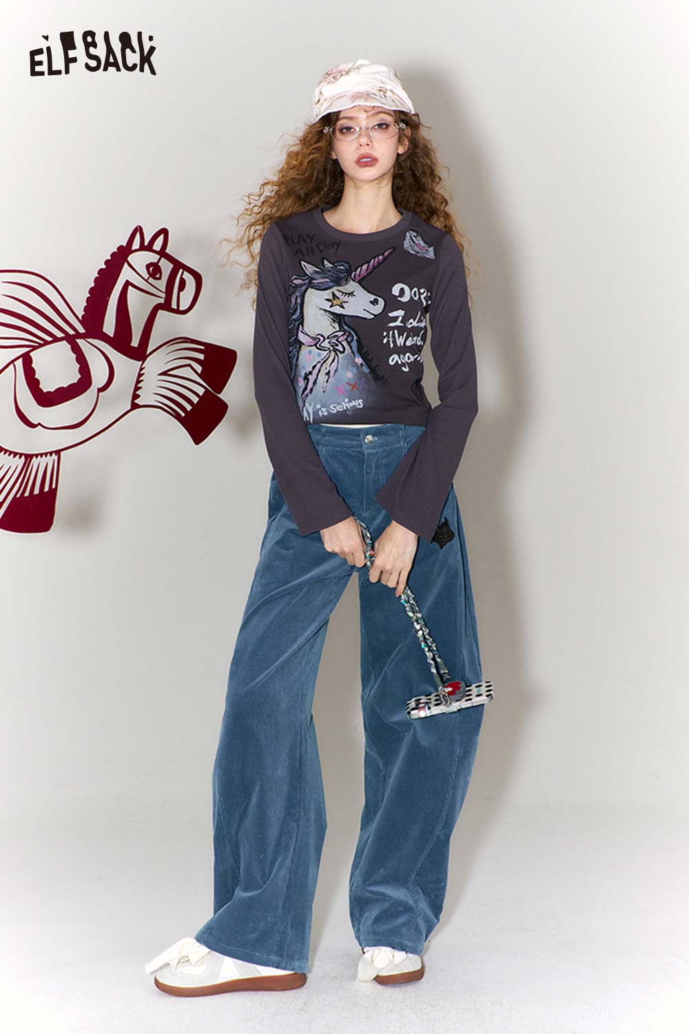 ELFSACK Vintage Heart Embroidery Wide Leg Pants