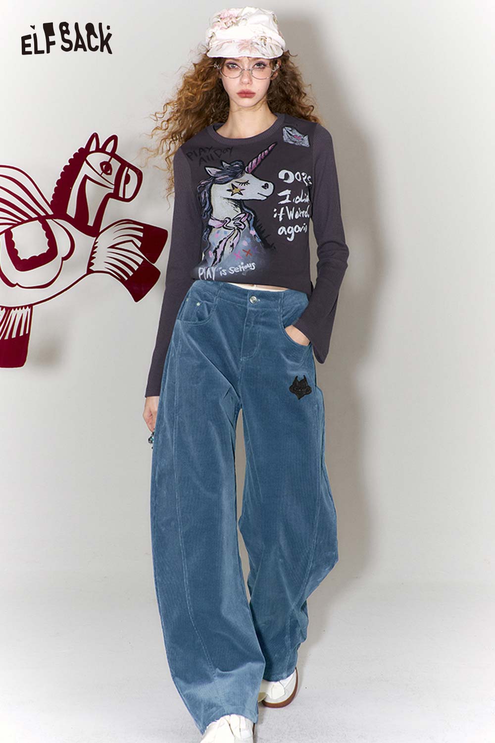 ELFSACK Vintage Heart Embroidery Wide Leg Pants