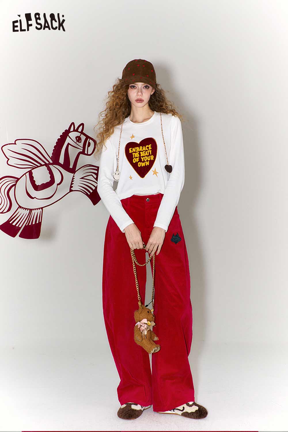 ELFSACK Vintage Heart Embroidery Wide Leg Pants