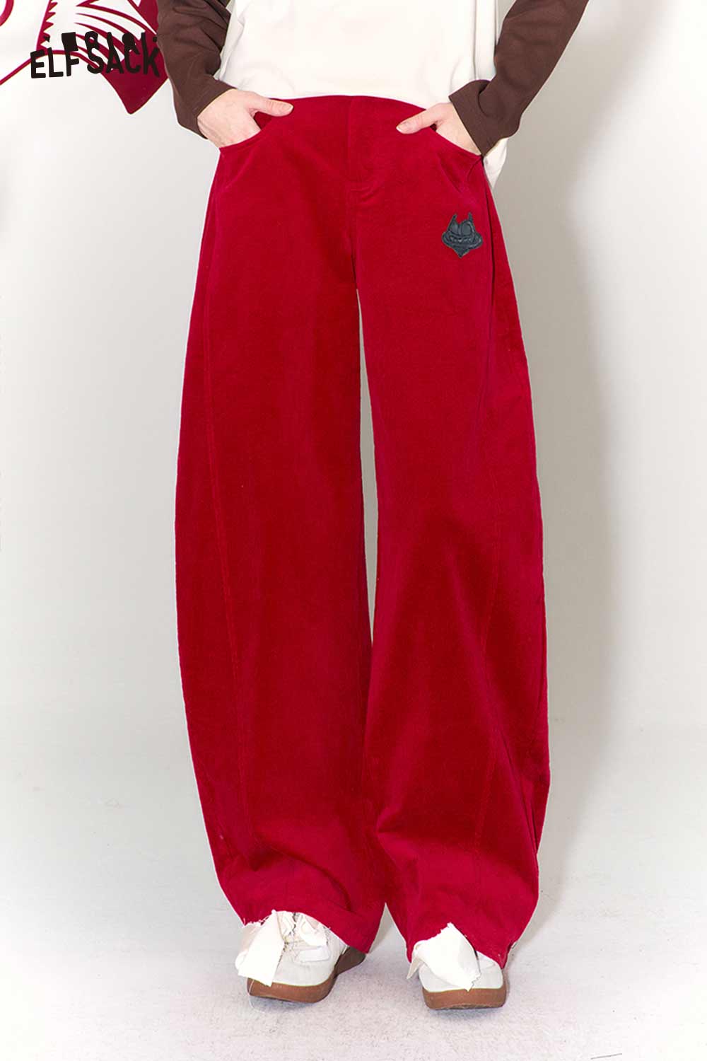 ELFSACK Vintage Heart Embroidery Wide Leg Pants