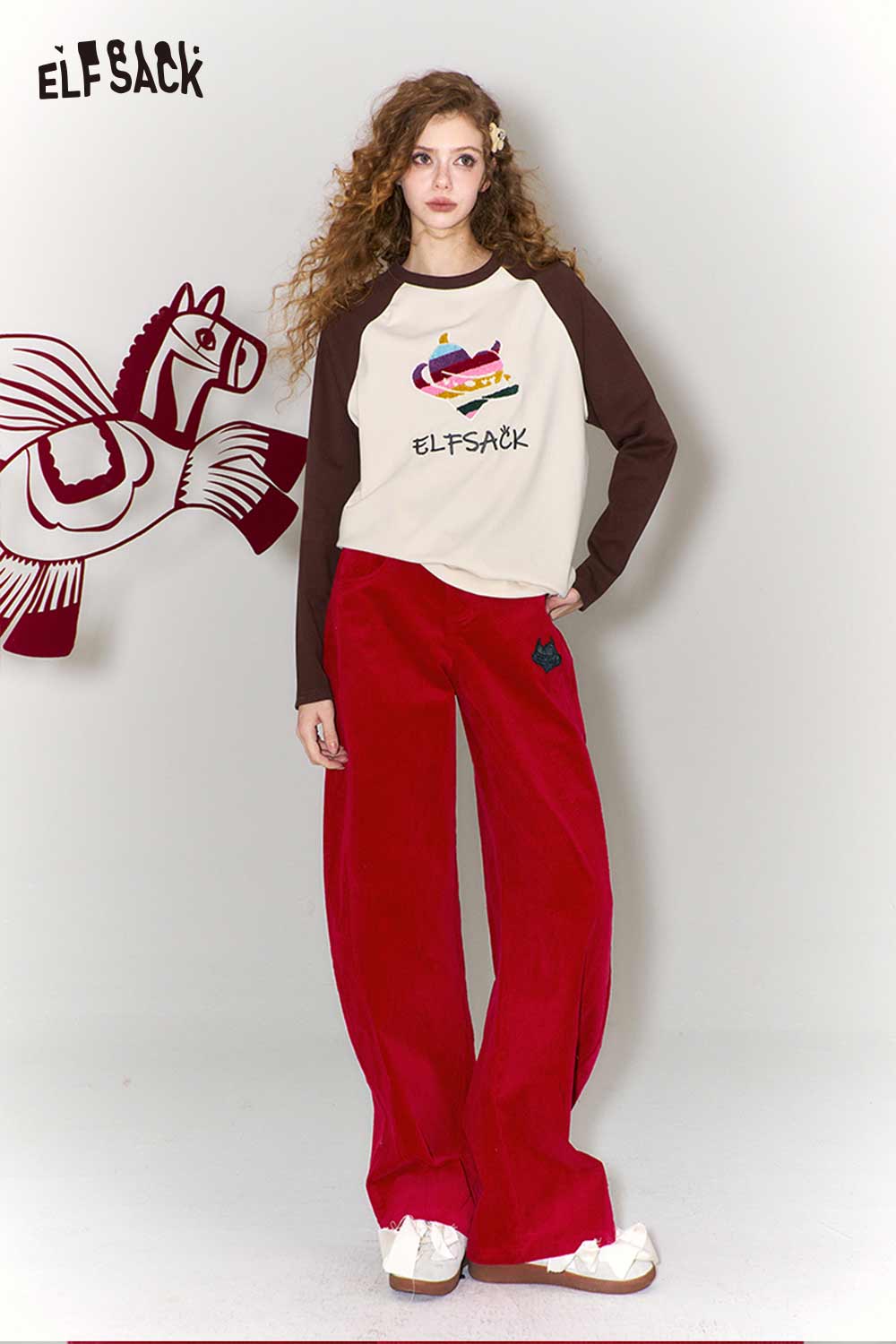ELFSACK Vintage Heart Embroidery Wide Leg Pants