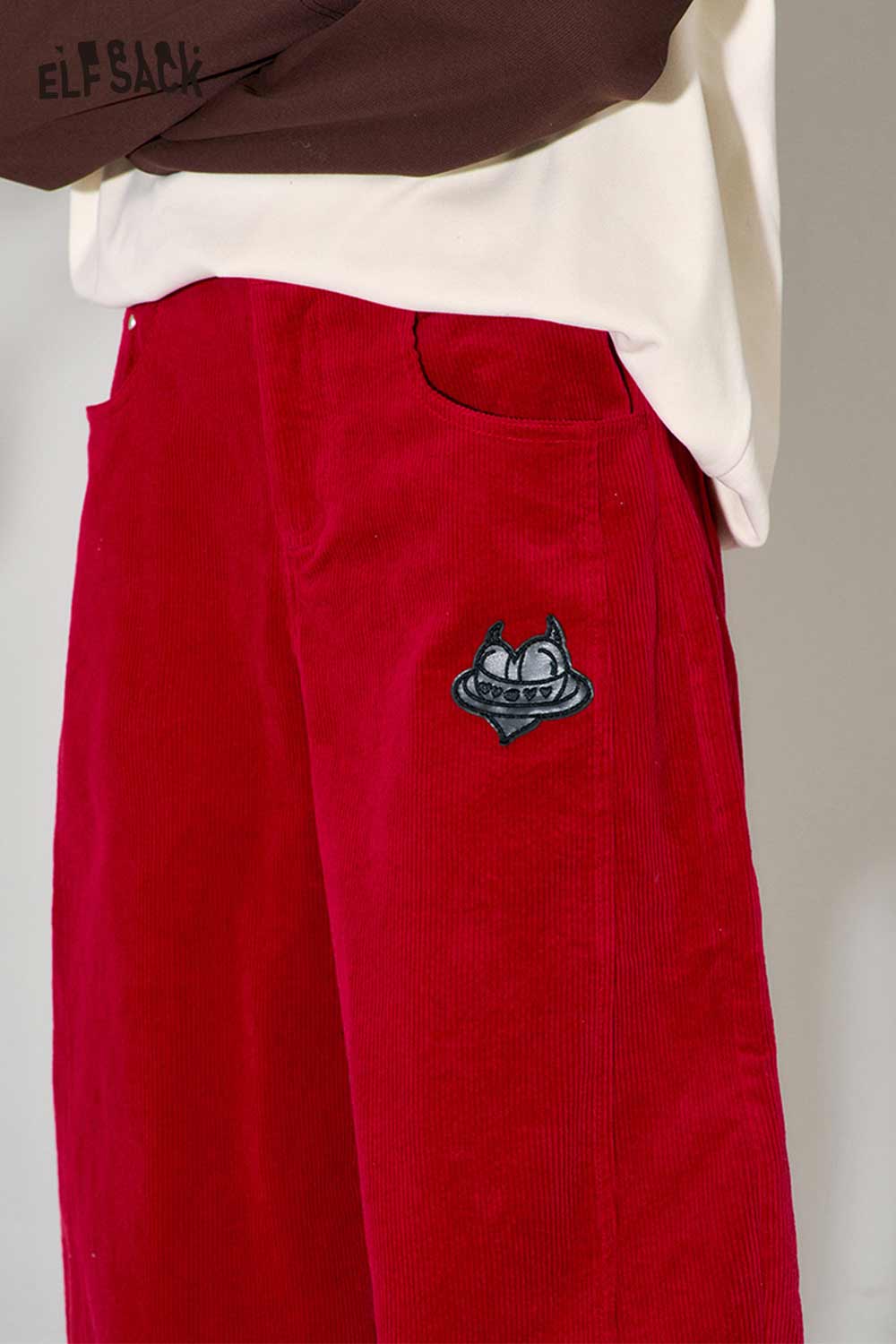 ELFSACK Vintage Heart Embroidery Wide Leg Pants