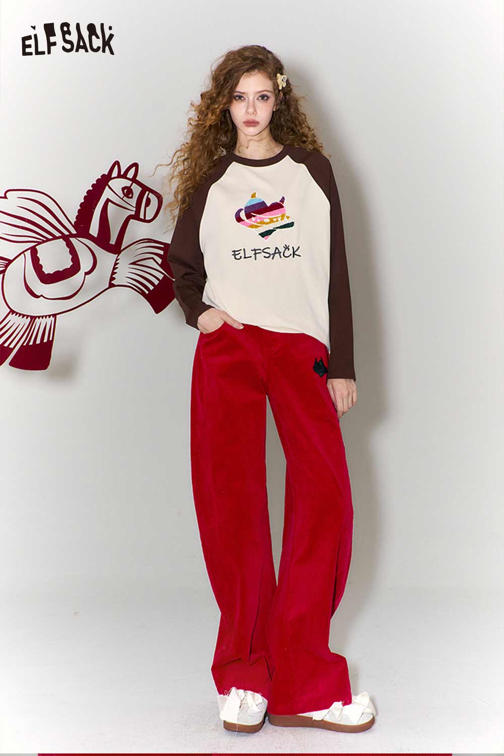 ELFSACK Vintage Heart Embroidery Wide Leg Pants