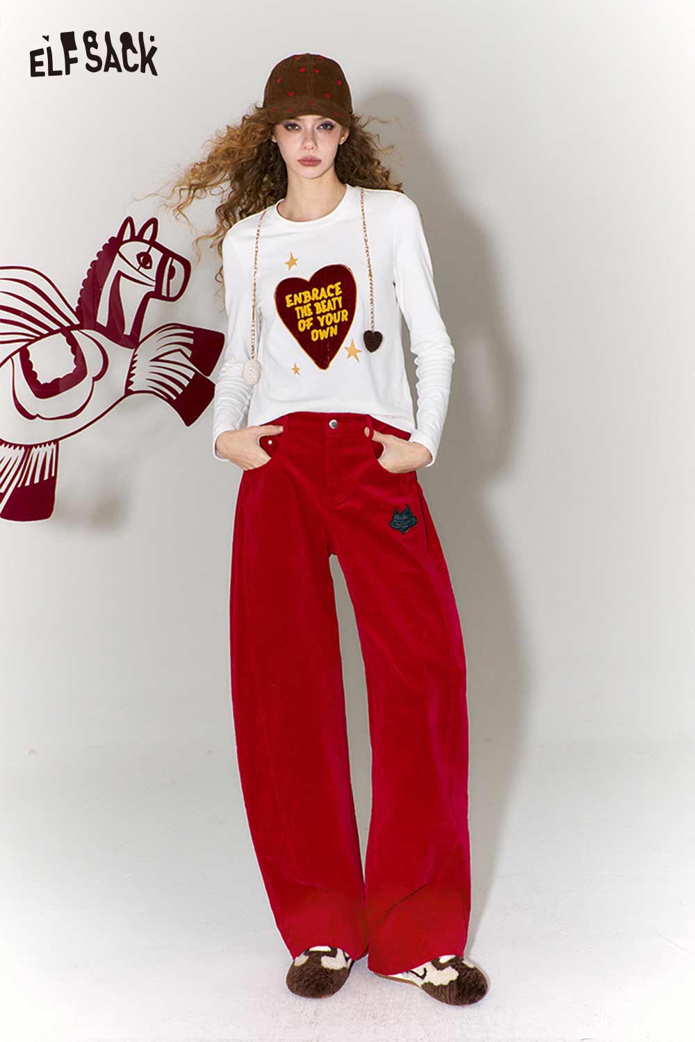 ELFSACK Vintage Heart Embroidery Wide Leg Pants