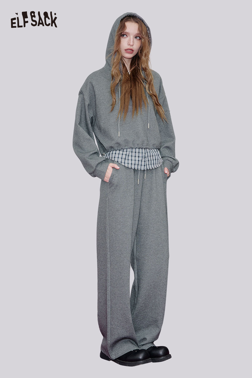 ELFSACK Cotton Blend Mock Contrast Plaid Panels Two-Piece Set
