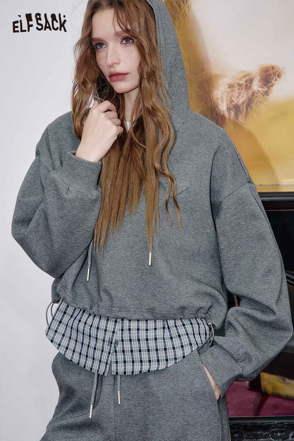 ELFSACK Cotton Blend Mock Contrast Plaid Panels Two-Piece Set